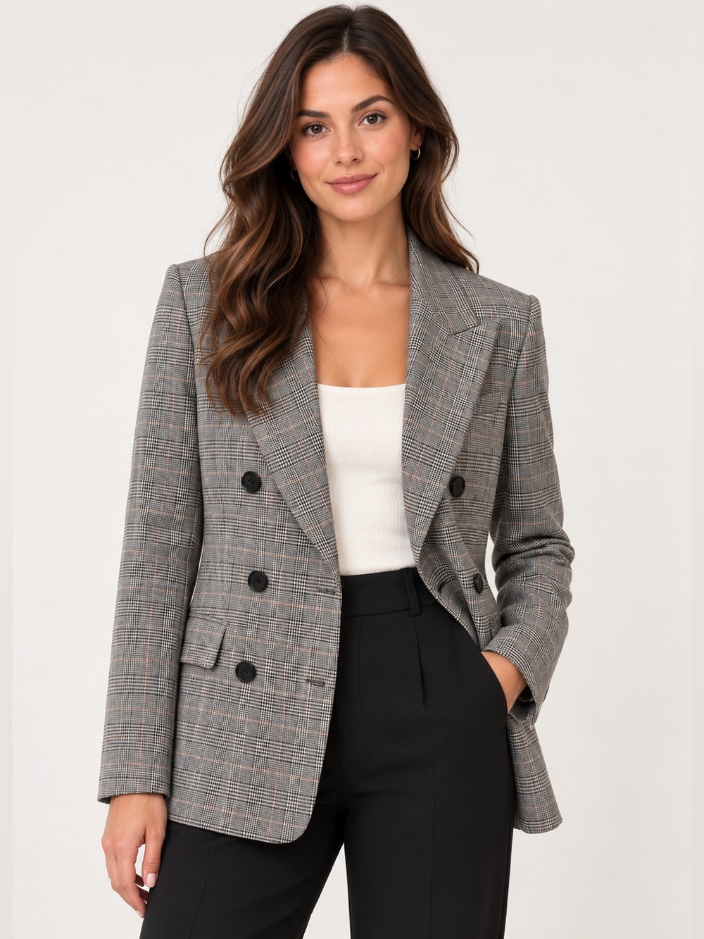 Karen Shen Gray Pink Plaid Double-Breasted Lined Blazer Size 10